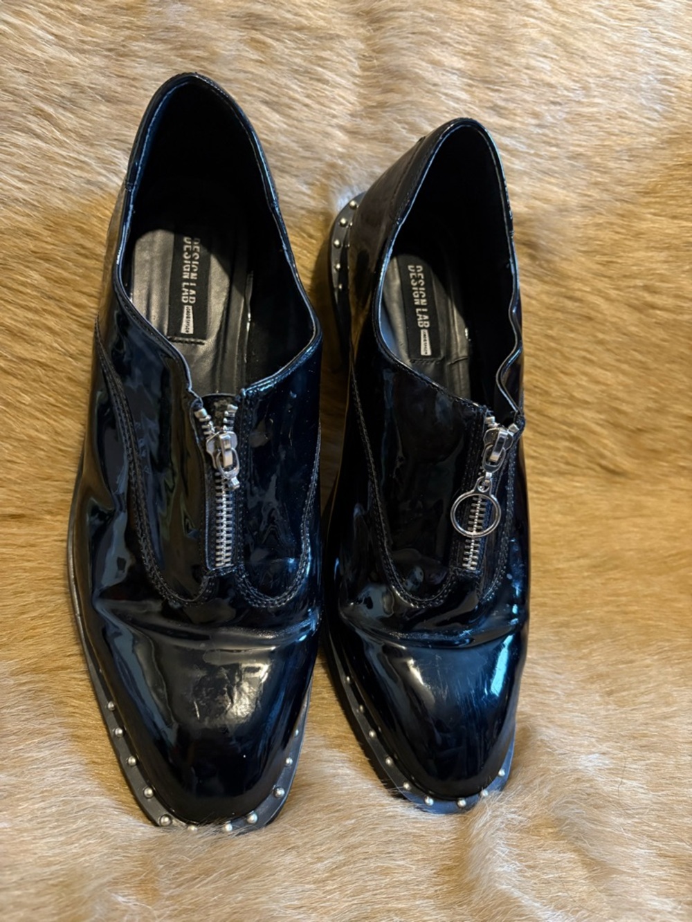 Design Lab Lord & Taylor Black Patent Zip-Front Studded Loafers